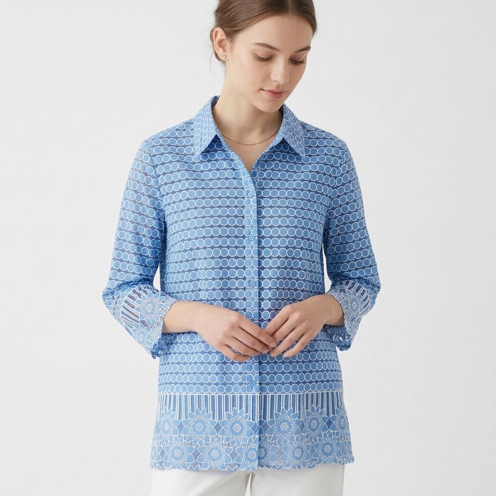 Alfred Dunner Blouse Blue Polka Dot Floral Button Up Sheer M